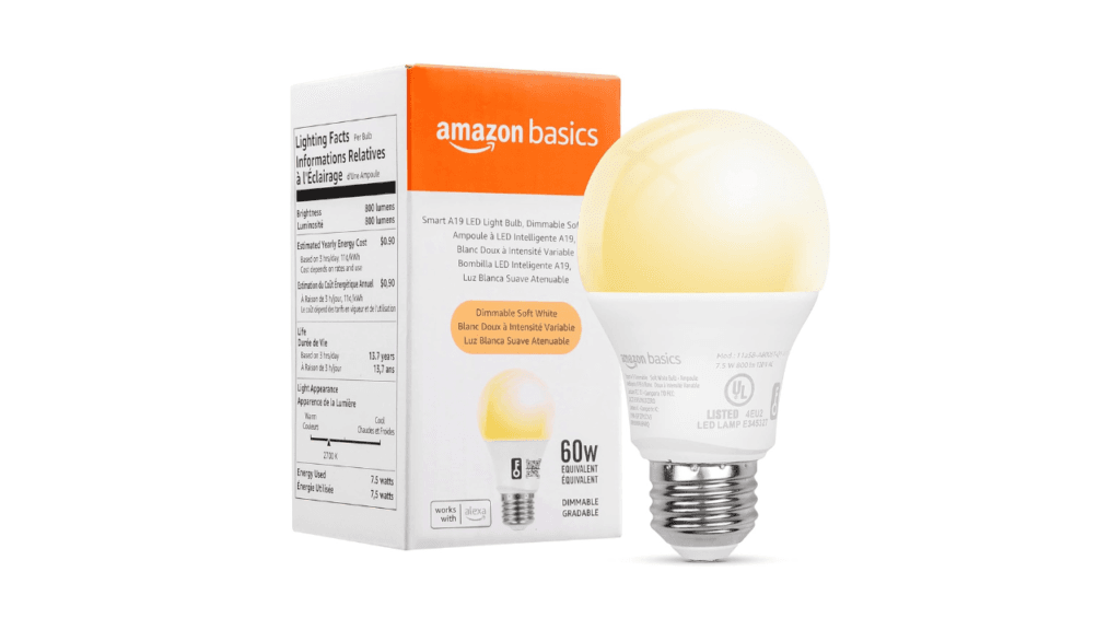Amazon Basics Smart A19 LED Light Bulb Dimmable Soft White 2700K 60W Equivalent 800LM Works with Alexa Only 2.4 GHz Wi Fi No Hub Required 1 Pack