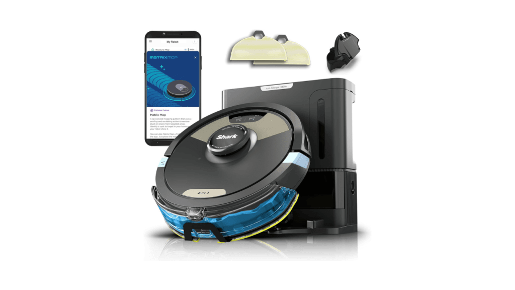 Shark Robot Vacuum Mop Combo Powerful Suction Matrix Plus 60 Day Debris Capacity HEPA Bagless Self Empty Base Sonic Mopping Home Mapping for Pet Hair Carpets Hardfloor BlackGold AV2610WA