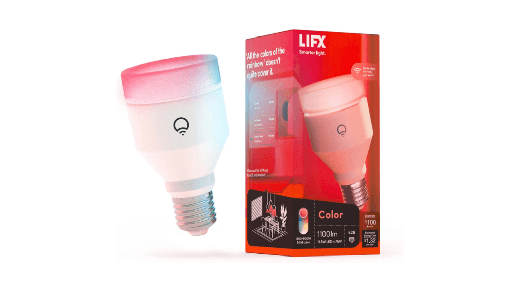 LIFX Color A19 1100 lumens Wi Fi Smart LED Light Bulb Billions of Colors and Whites No bridge required Works with Alexa Hey Google HomeKit and Siri Multicolor