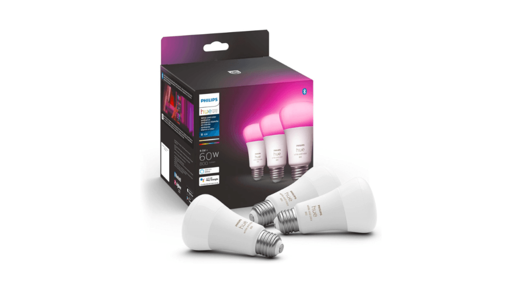 Philips Hue A19 LED Smart Light Bulb White and Color Ambiance 60W Indoor Light Bulb Control with Hue App Works with Alexa Google Assistant and Apple Homekit 3 Pack