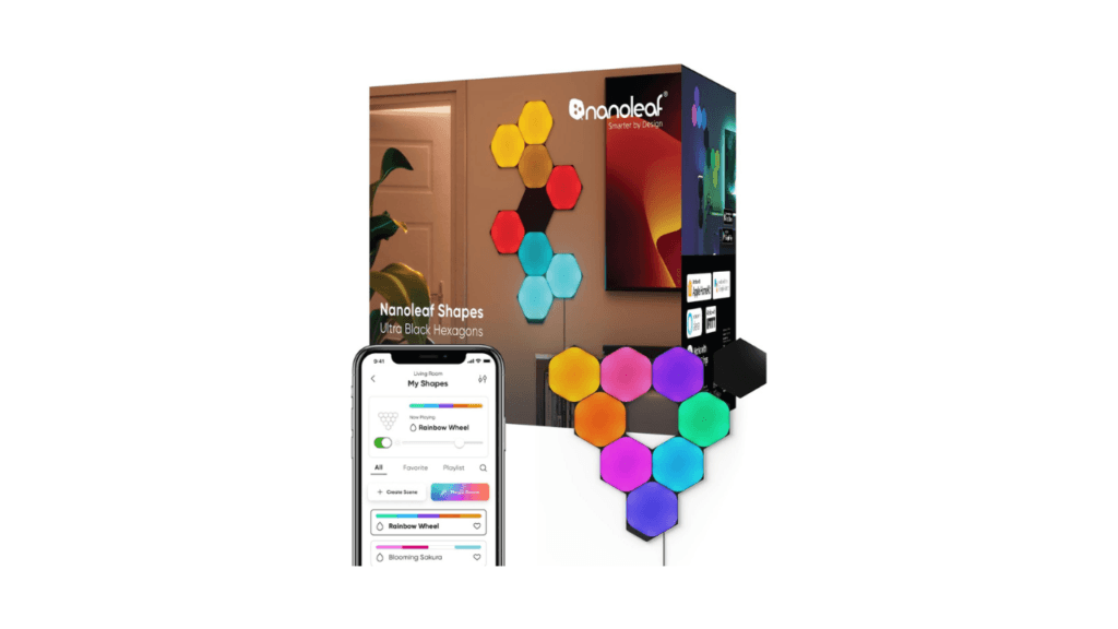 Nanoleaf Shapes WiFi and Thread Smart RGBW 16M Color LED Dimmable Gaming and Home Decor Wall Lights Smarter Kits Black Hexagons Smarter Kit 9 Pack