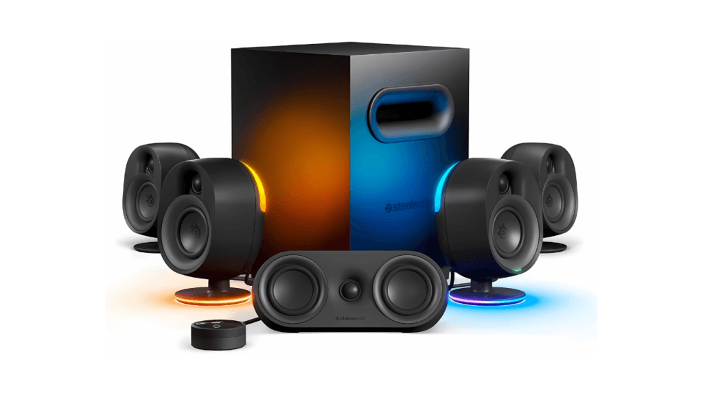 SteelSeries Arena 9 Illuminated 5.1 Desktop Gaming Speakers – 5.1 USB Surround Sound – Wireless Rear Speakers – 2 Way Speaker Design – Subwoofer – RGB Light Bluetooth – PC PlayStation Mobile Mac