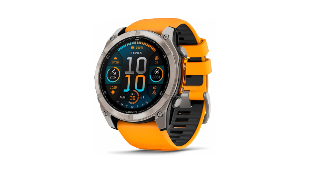 Garmin fenix® 8 – 51 mm AMOLED Sapphire Premium Multisport GPS Smartwatch Long Lasting Battery Life Dive Rated Built in LED Flashlight Titanium with Spark OrangeGraphite Band